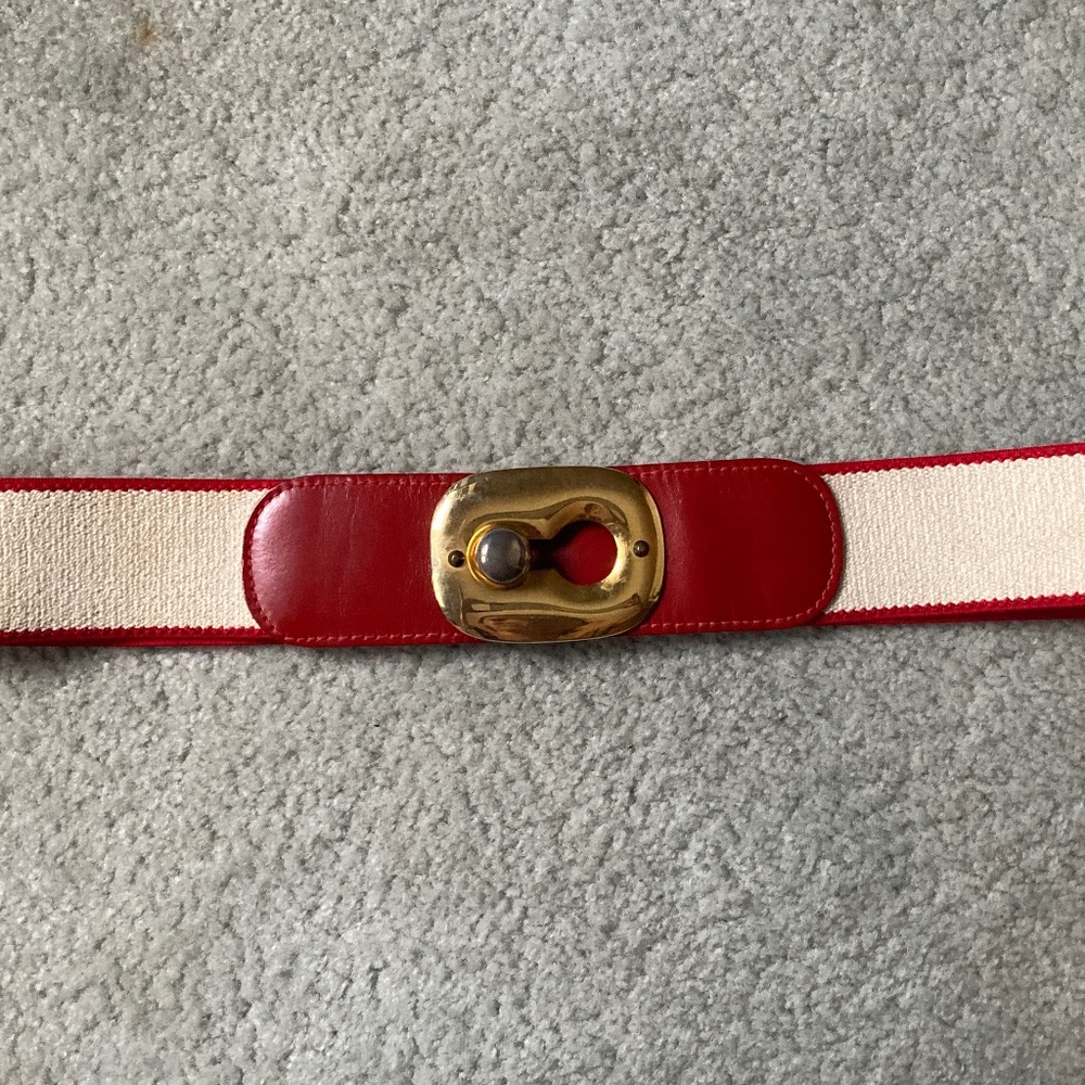 Rare Vintage 1960s Red and White Leather Stretch Belt w/Brass Hardware S/M